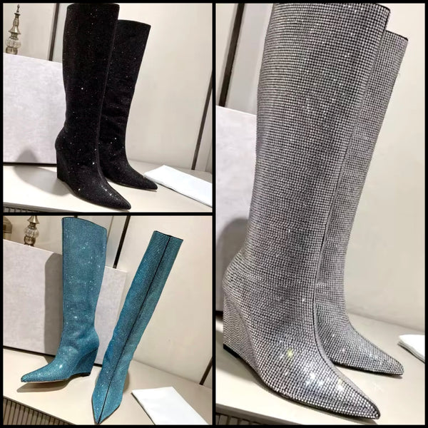 Women Fashion Bling Wedge Knee High Boots