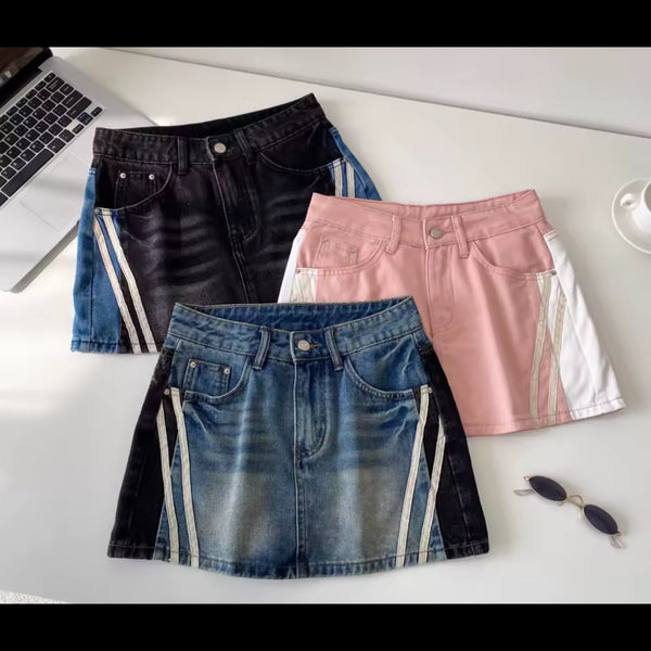 Women Fashion Striped Color Patchwork Denim Skirt