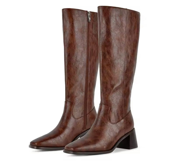Women Fashion Pointed Toe Square Heel Knee High Boots