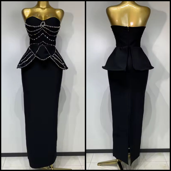 Women Strapless Rhinestone Beading Black Sexy Maxi Dress