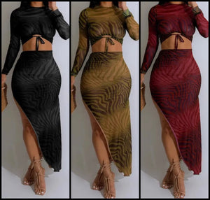 Women Printed Sexy Full Sleeve Tie Up Two Piece Skirt Set