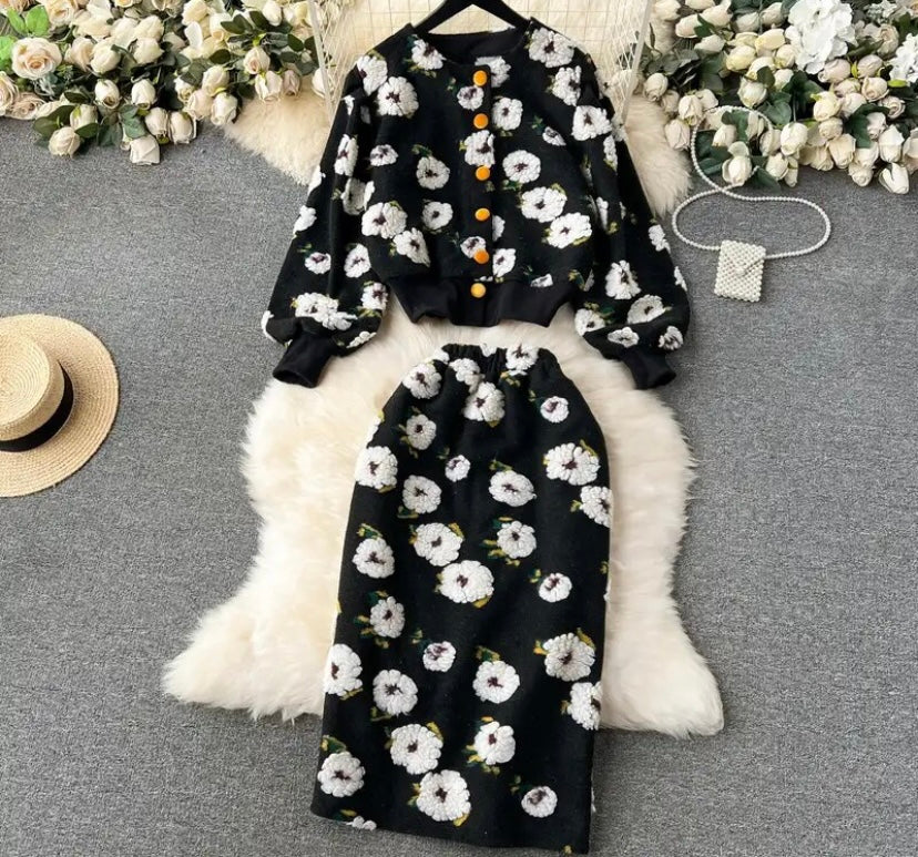 Women Button Up Full Sleeve Floral Two Piece Maxi Skirt Set