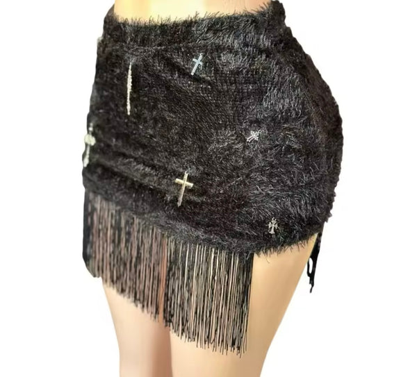 Women Sexy Strapless Cross Chain Lace Fringe Two Piece Skirt Set