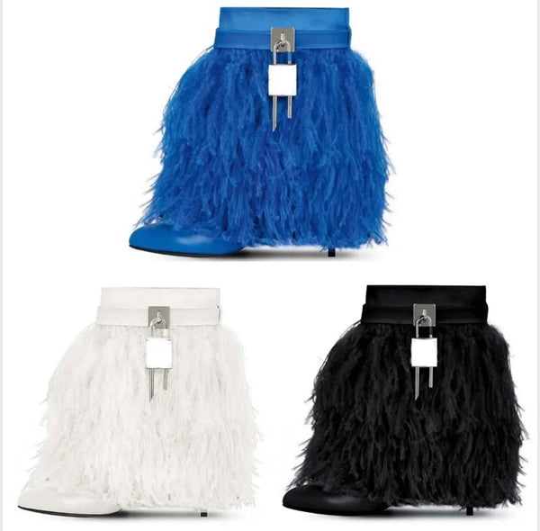 Women Fashion Faux Fur Buckled Lock High Heel Ankle Boots