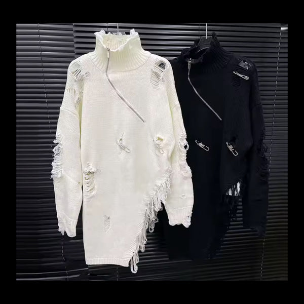 Women Turtleneck Ripped Safety Pin Asymmetrical Zip Up Sweater Top