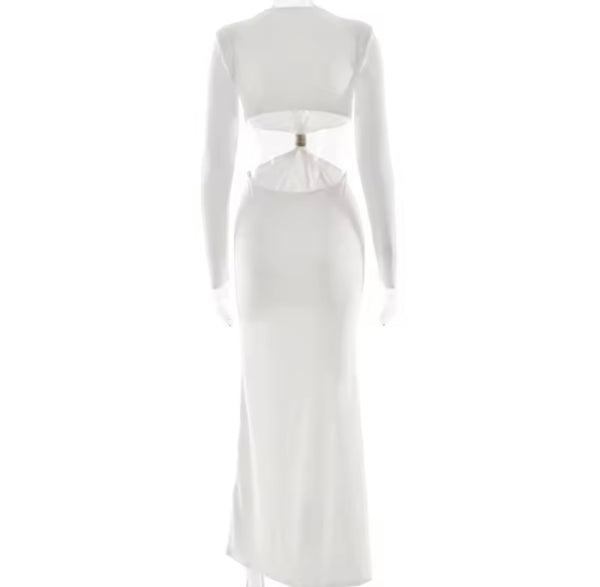 Women Sexy Solid Color Hollow Out Full Sleeve Maxi Dress