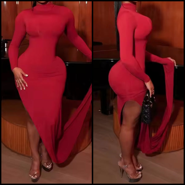 Women Sexy Red Asymmetrical Full Sleeve Maxi Dress