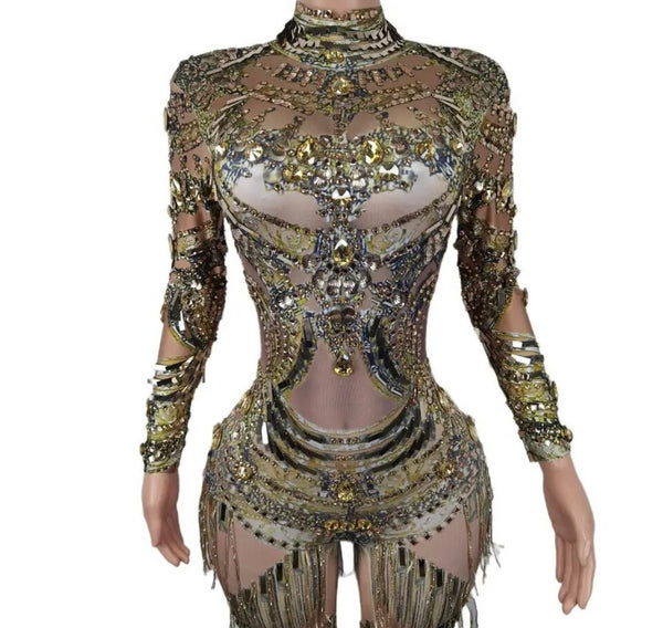 Women Sexy Full Sleeve Crystal Bling Tassel Jumpsuit