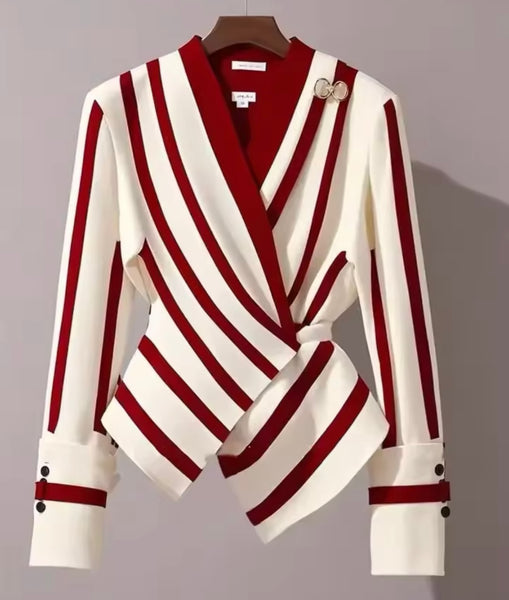 Women Fashion Striped Full Sleeve Wrap Blazer Top