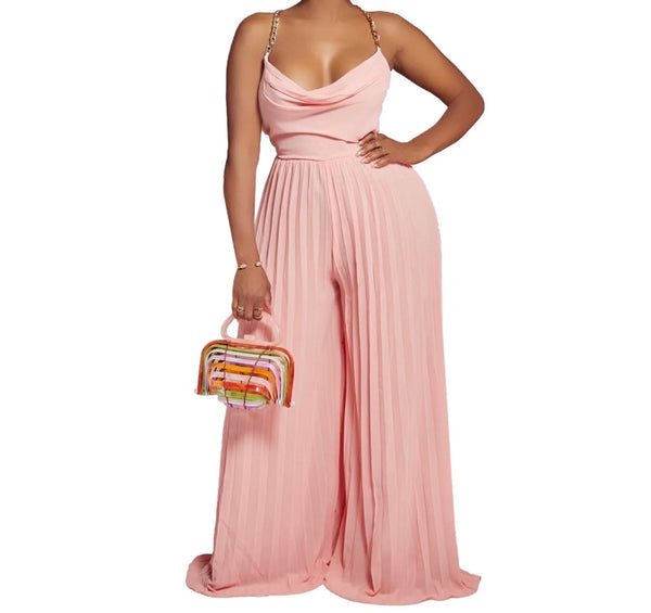 Women Sexy Chain Sleeveless Open Back Pleated Wide Leg Jumpsuit
