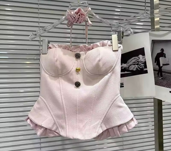 Women Pink Ruffle Strapless Two Piece Short Set