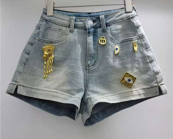 Women Blue Fashion Gold Metal Denim Shorts