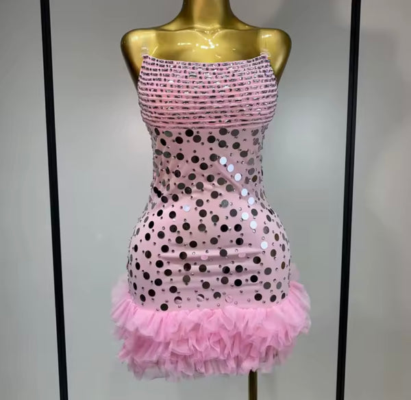 Women Sexy Sleeveless Pink Ruffle Beaded Sequins Dress
