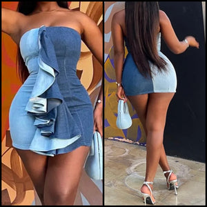 Women Sexy Strapless Ruffled Color Patchwork Denim Dress