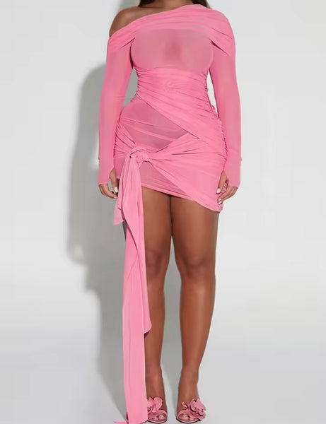 Women Sexy Full Sleeve Mesh Tie Up Tassel Ruched Dress