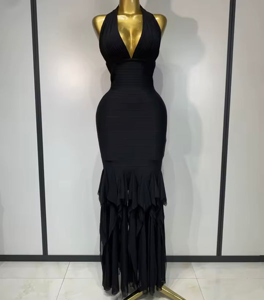 Women Sexy Halter Sleeveless Black Tassel Maxi Dress