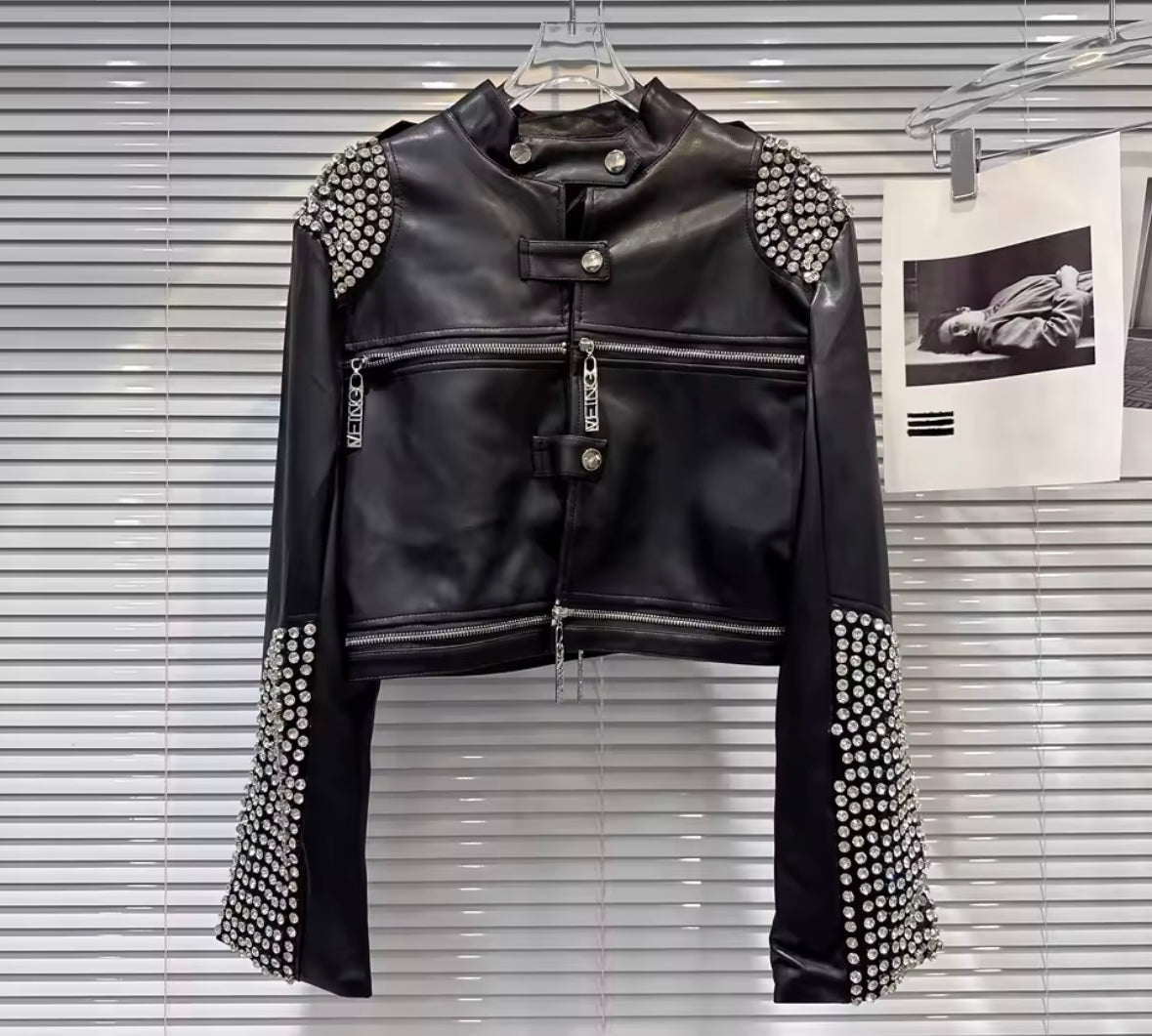 Women Fashion Rhinestone Zip Up Buckled Faux Leather Jacket