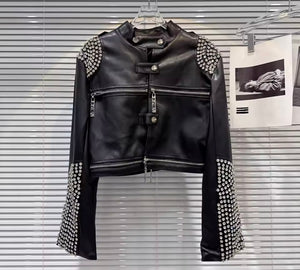 Women Fashion Rhinestone Zip Up Buckled Faux Leather Jacket
