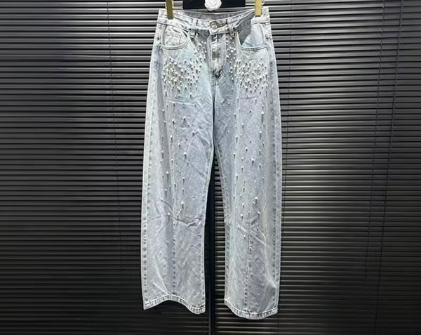 Women Fashion Blue Pearl Rhinestone Denim Pants