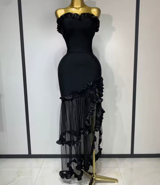 Women Black Ruffled Strapless Mesh Patchwork Maxi Dress