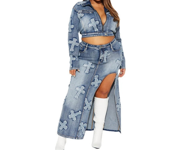 Women Fashion Printed Two Piece Denim Jacket Maxi Skirt Set