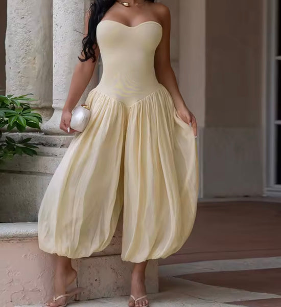 Women Strapless Fashion Pleated Jumpsuit