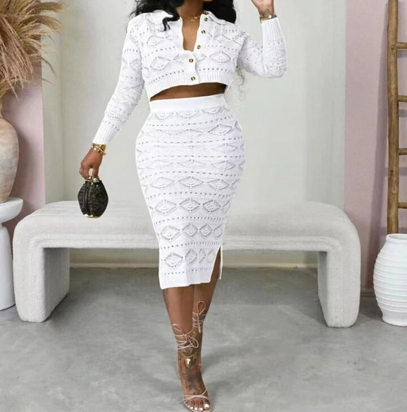 Women Solid Color Button Up Full Sleeve Two Piece Skirt Set