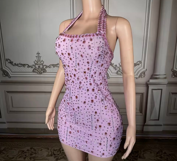 Women Sexy Halter Sleeveless Pink Crystal Rhinestone Dress