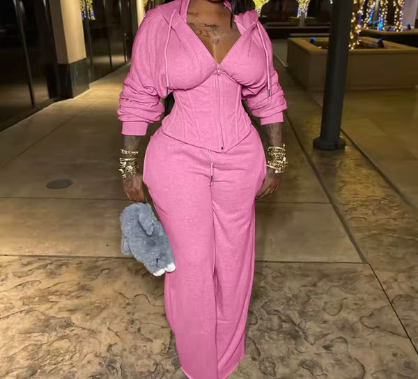 Women Fashion Hooded Corset Tracksuit Two Piece Pant Set