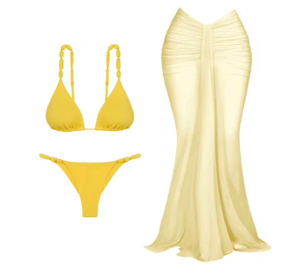 Women Sexy Yellow Bikini Mesh Cover Up Set
