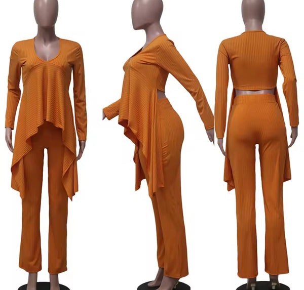 Women Ribbed Asymmetrical Full Sleeve Two Piece Fashion Pant Set