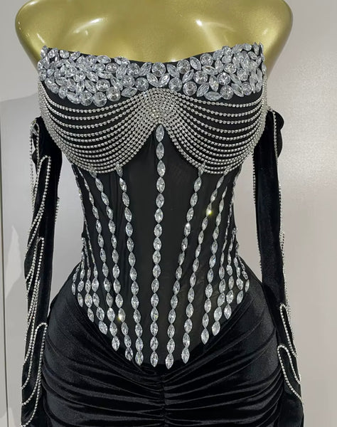 Women Sexy Strapless Glove Rhinestone Velour Maxi Dress