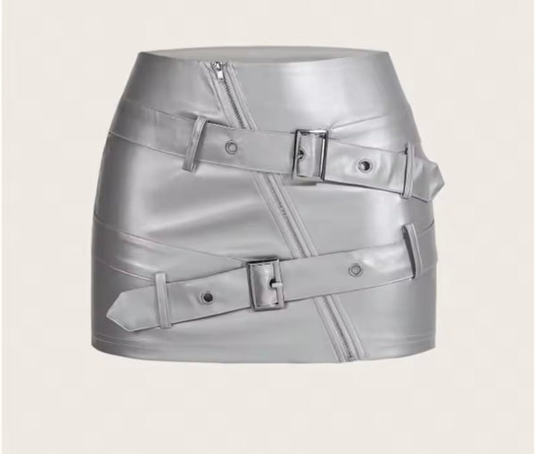 Women Color Fashion PU Leather Buckled Skirt