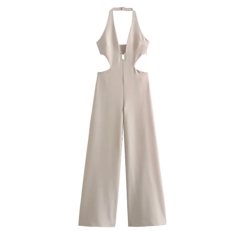 Women Sexy Halter Sleeveless Solid Color Fashion Jumpsuit