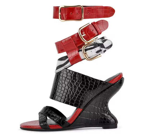 Women Fashion Color Patchwork Wedge Ankle Strap Sandals