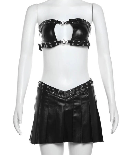 Women Sexy Strapless Black Rivet Buckled Faux Leather Two Piece Skirt Set