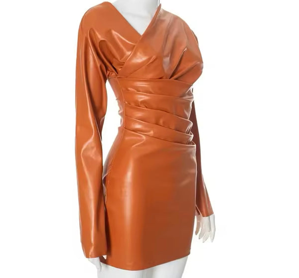 Women Orange Faux Leather Ruched Sexy Full Sleeve Dress