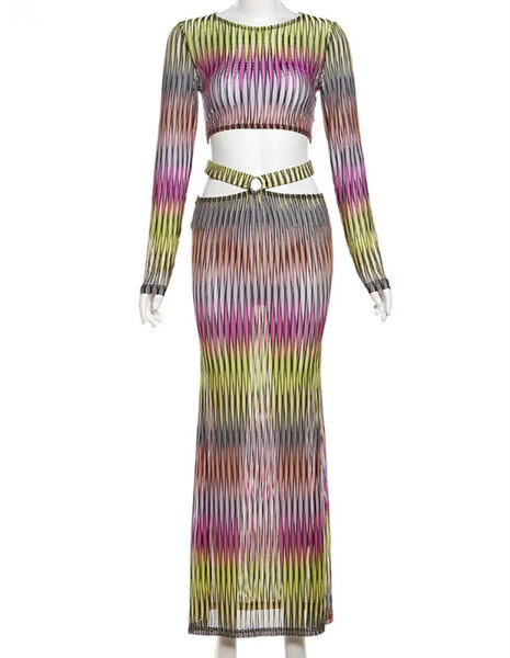 Women Sexy Full Sleeve Multicolored Two Piece Maxi Skirt Set