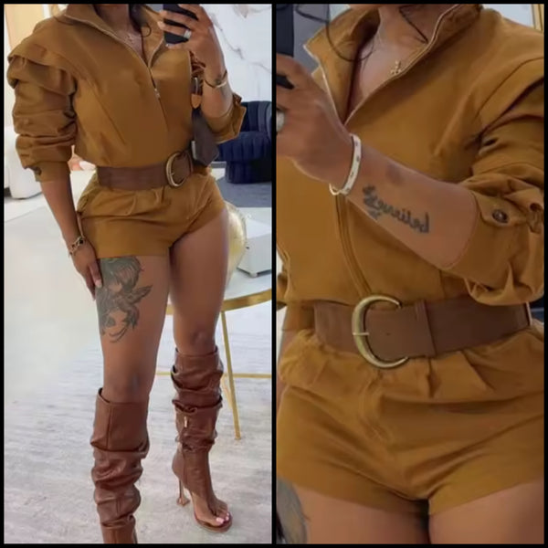 Women Fashion Brown Collar Full Sleeve Romper