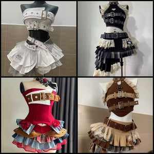 Women Sleeveless Buckled Ruffle Color Patchwork Two Piece Skirt Set