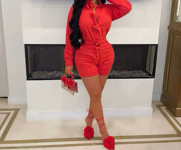 Women Floral Full Sleeve Solid Color Two Piece Short Set