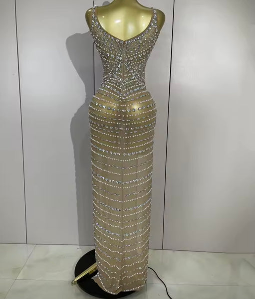 Women Sexy Sleeveless Mesh Rhinestone Maxi Dress