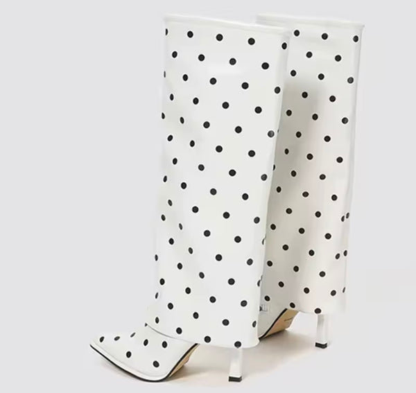 Women Fashion Polka Dot Faux Leather Knee High Boots