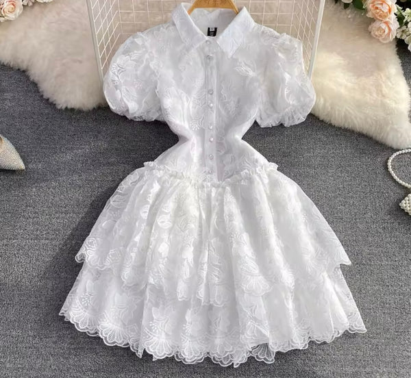 Women White Sexy Short Sleeve Lace Ruffled Dress