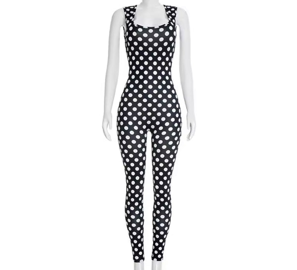 Women Sleeveless Open Back B&W Polka Dot Jumpsuit
