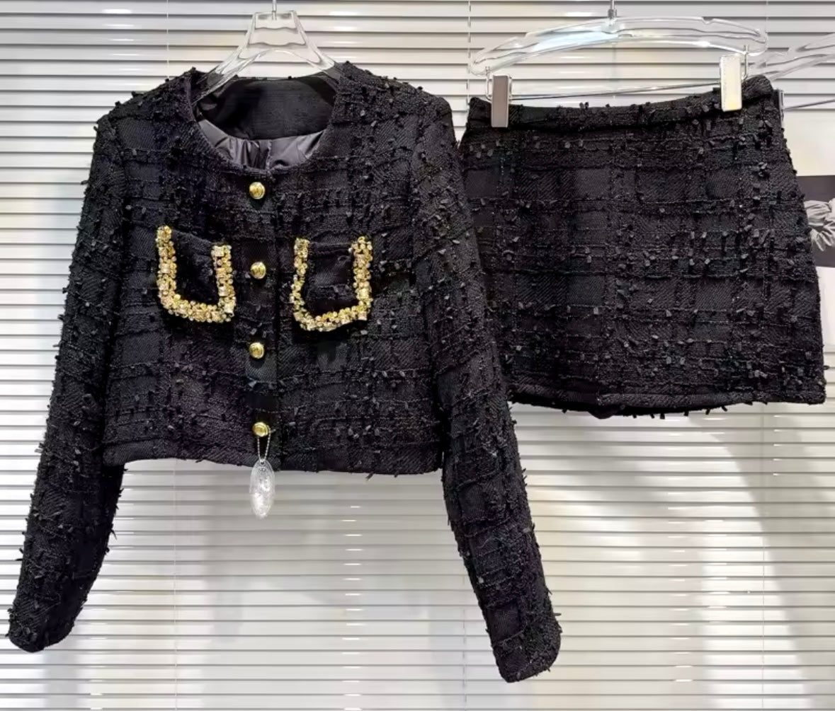 Women Color Gold Button Up Tweed Blazer Two Piece Skirt Set