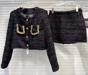Women Color Gold Button Up Tweed Blazer Two Piece Skirt Set