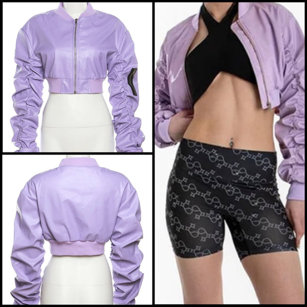 Women Purple Faux Leather Zipper Crop Jacket