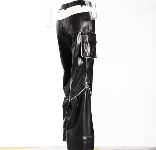 Women Fashion B&W Faux Leather Cargo Pants