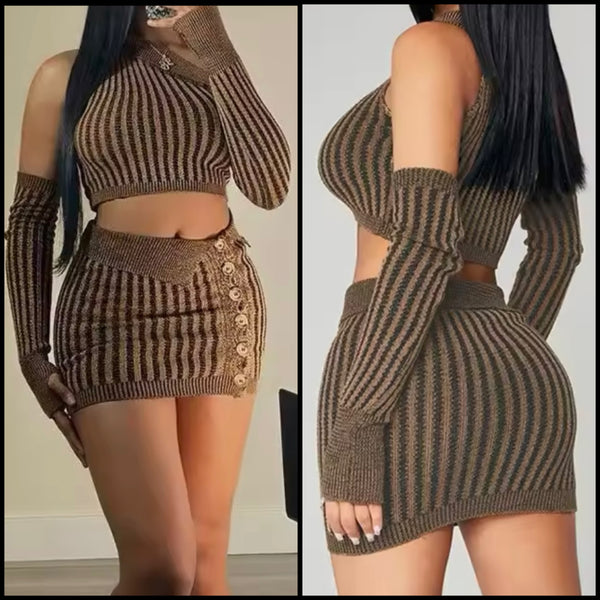 Women Sexy Brown Striped Button Two Piece Skirt Set